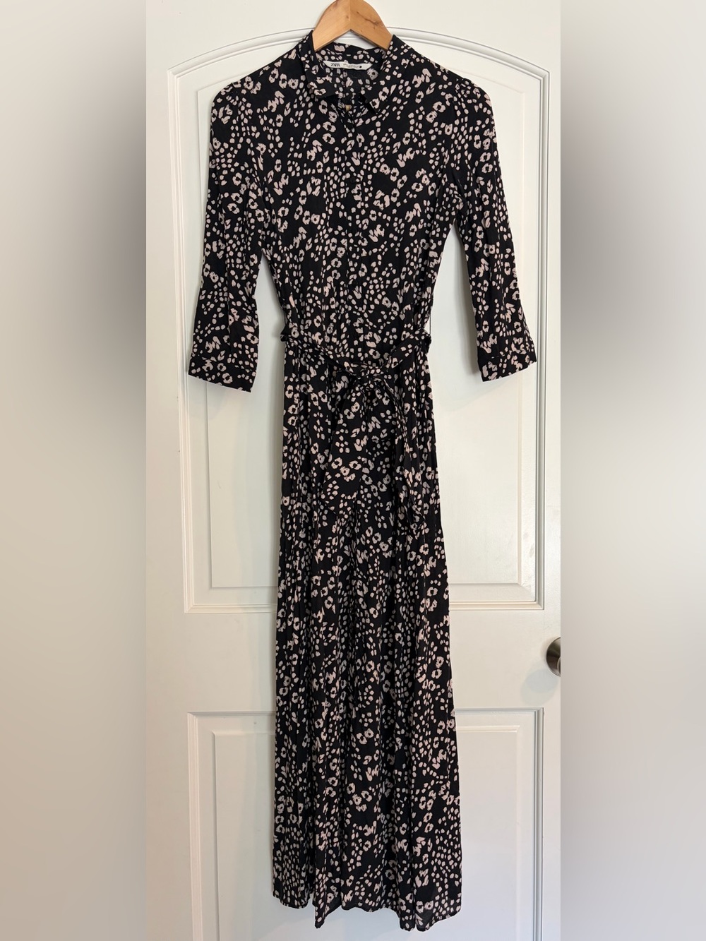 ZARA Black and Light Pink Animal Print Lightweight Belted Shirt Dress Size M